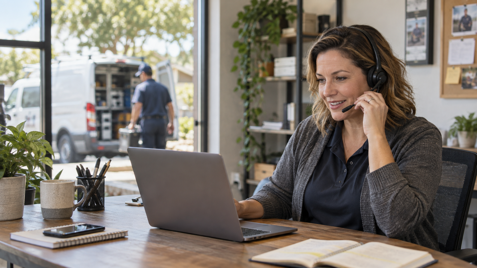 Service-business dispatcher handling a customer call